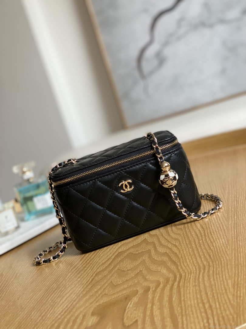 Chanel A81242 Vanity with chain Lambskin Gold football Black