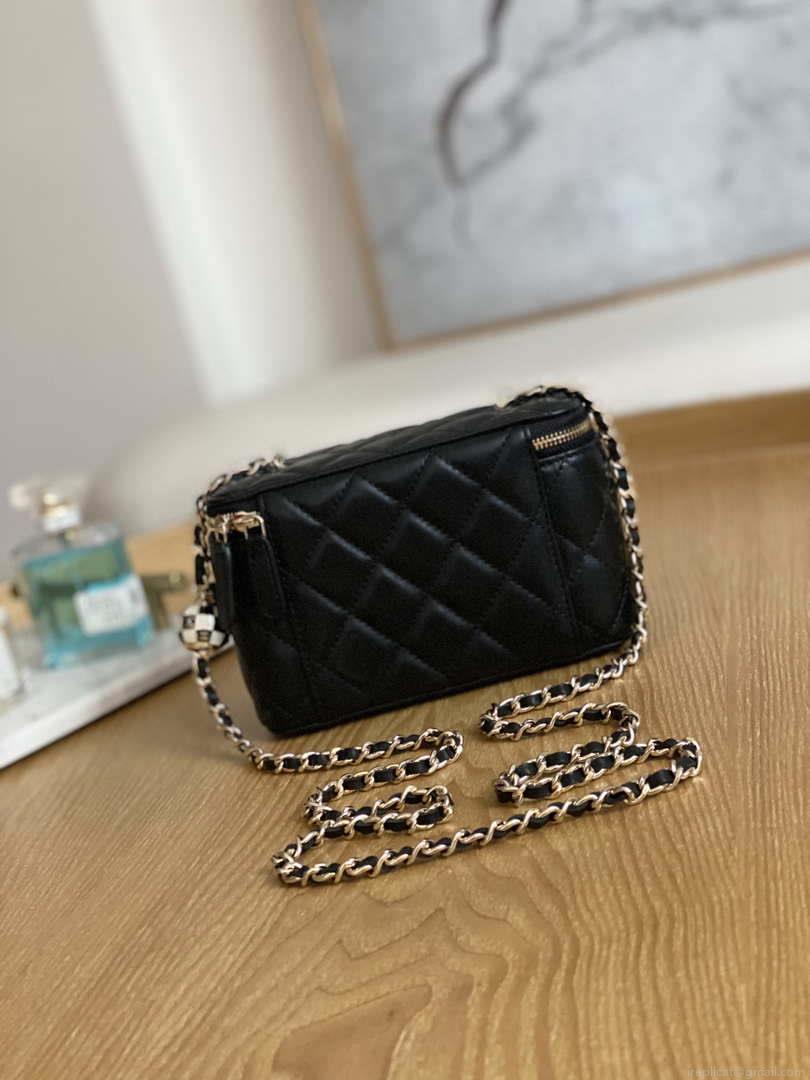Chanel A81242 Vanity with chain Lambskin Gold football Black