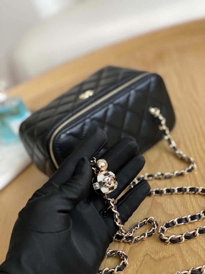Chanel A81242 Vanity with chain Lambskin Gold football Black