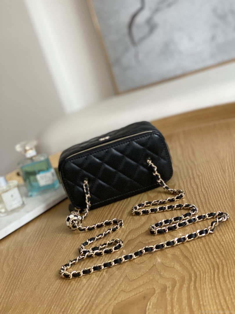 Chanel A81242 Vanity with chain Lambskin Gold football Black