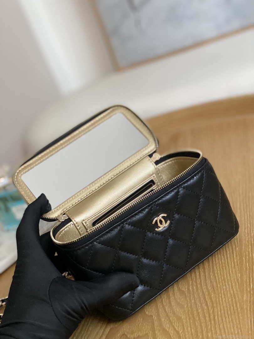 Chanel A81242 Vanity with chain Lambskin Gold football Black