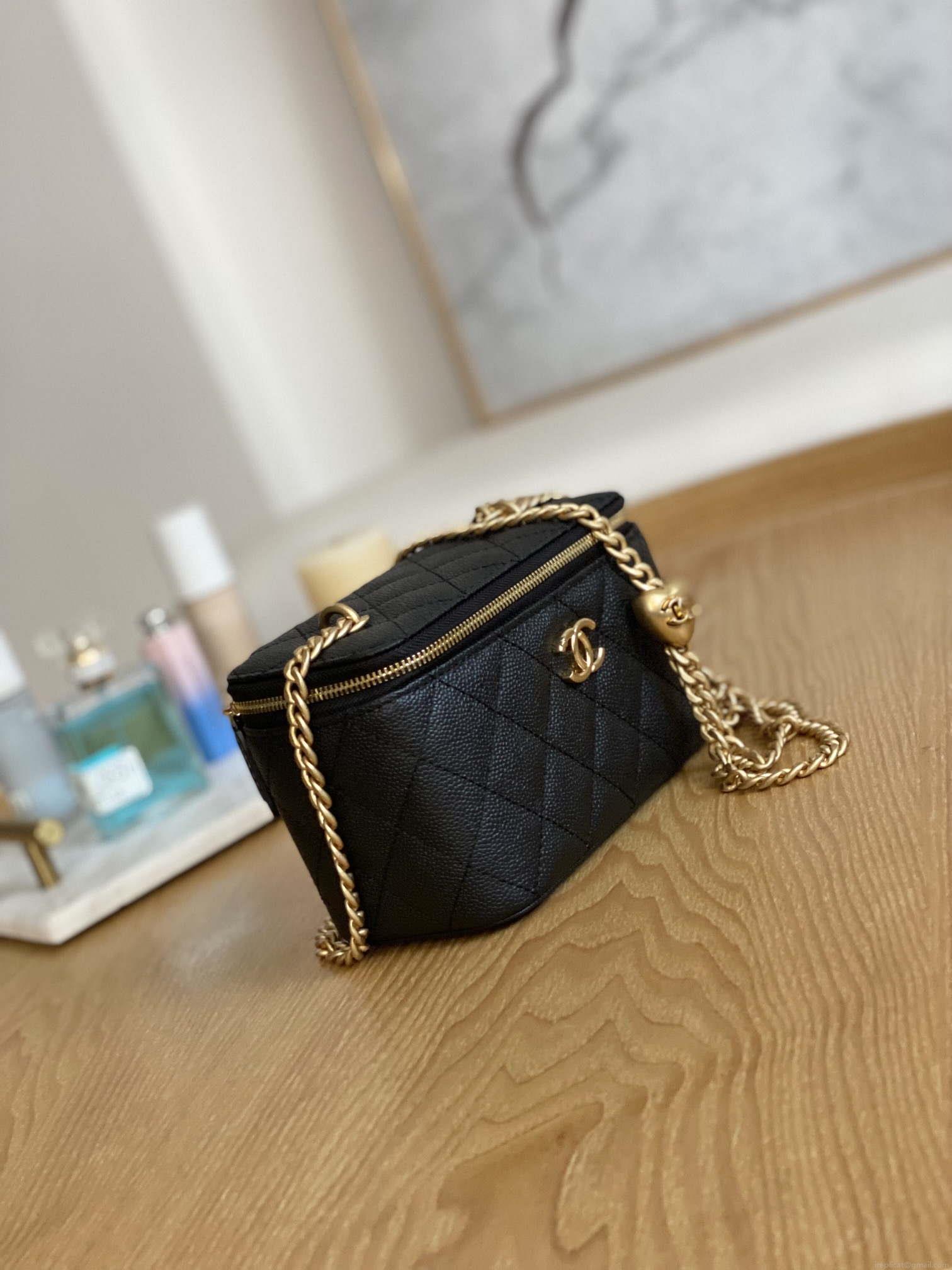 Chanel A68130 Vanity with chain Grained Calfskin Gold Black