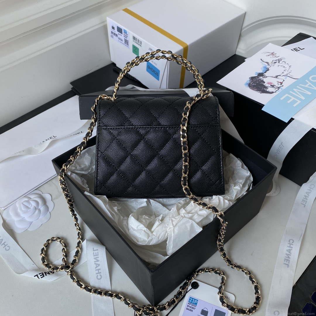 Chanel AP3237 Clutch with chain Grained Shiny Calfskin Gold With Handle Bag Black