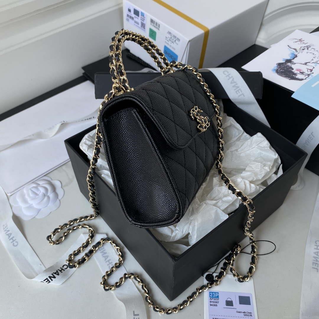 Chanel AP3237 Clutch with chain Grained Shiny Calfskin Gold With Handle Bag Black