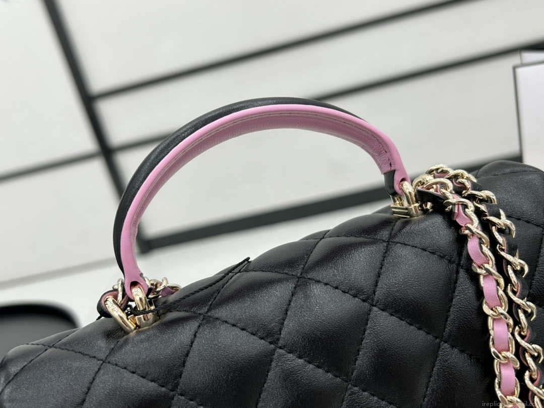 Chanel AS2431 Mini flap Black with Pink Lambskin bag with top handle Gold