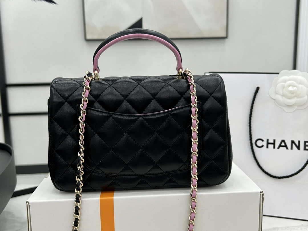 Chanel AS2431 Mini flap Black with Pink Lambskin bag with top handle Gold