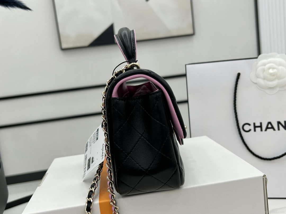 Chanel AS2431 Mini flap Black with Pink Lambskin bag with top handle Gold