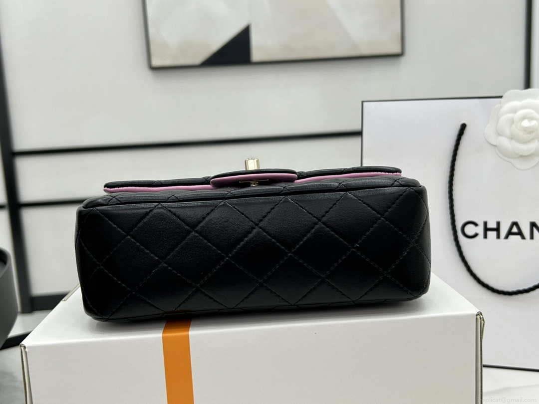 Chanel AS2431 Mini flap Black with Pink Lambskin bag with top handle Gold