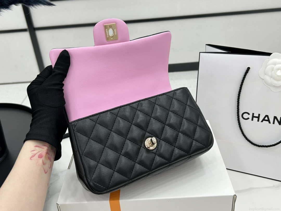 Chanel AS2431 Mini flap Black with Pink Lambskin bag with top handle Gold