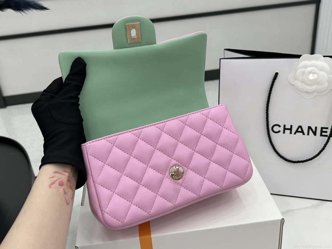 Chanel AS2431 Mini flap Pink with Green Lambskin bag with top handle Gold