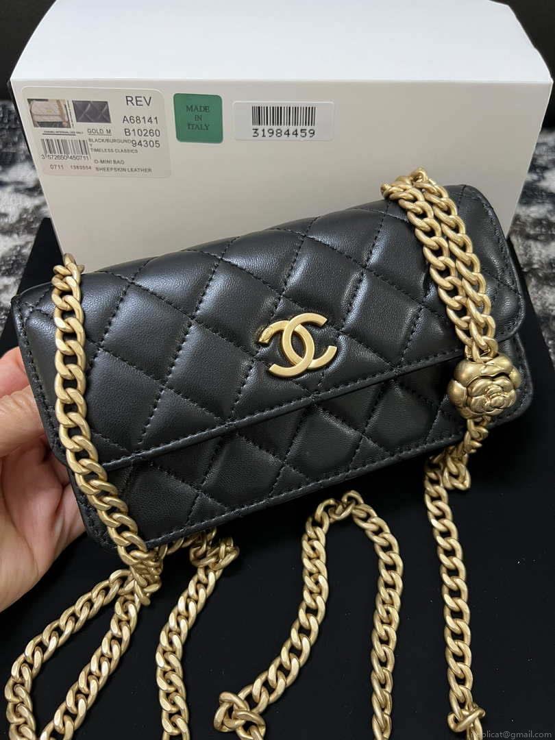 Chanel A68341 Flap Classic Bag Woc Camellia Lambskin Black