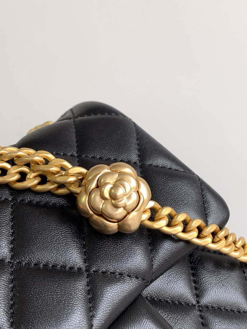 Chanel AS4040 Mini Flap Classic Bag 17 Woc Camellia Lambskin Black