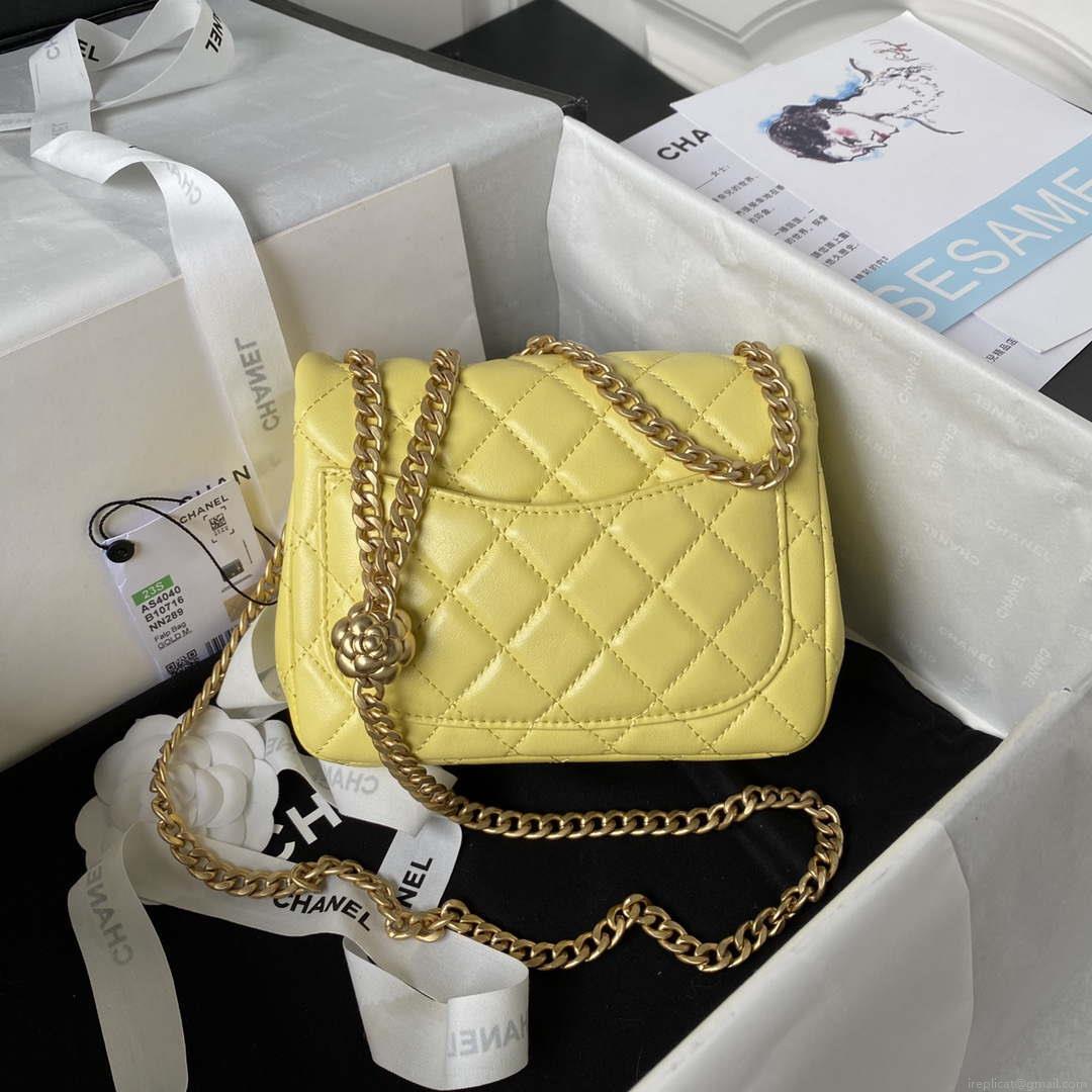 Chanel AS4040 Mini Flap Classic Bag 18 Woc Camellia Lambskin Yellow