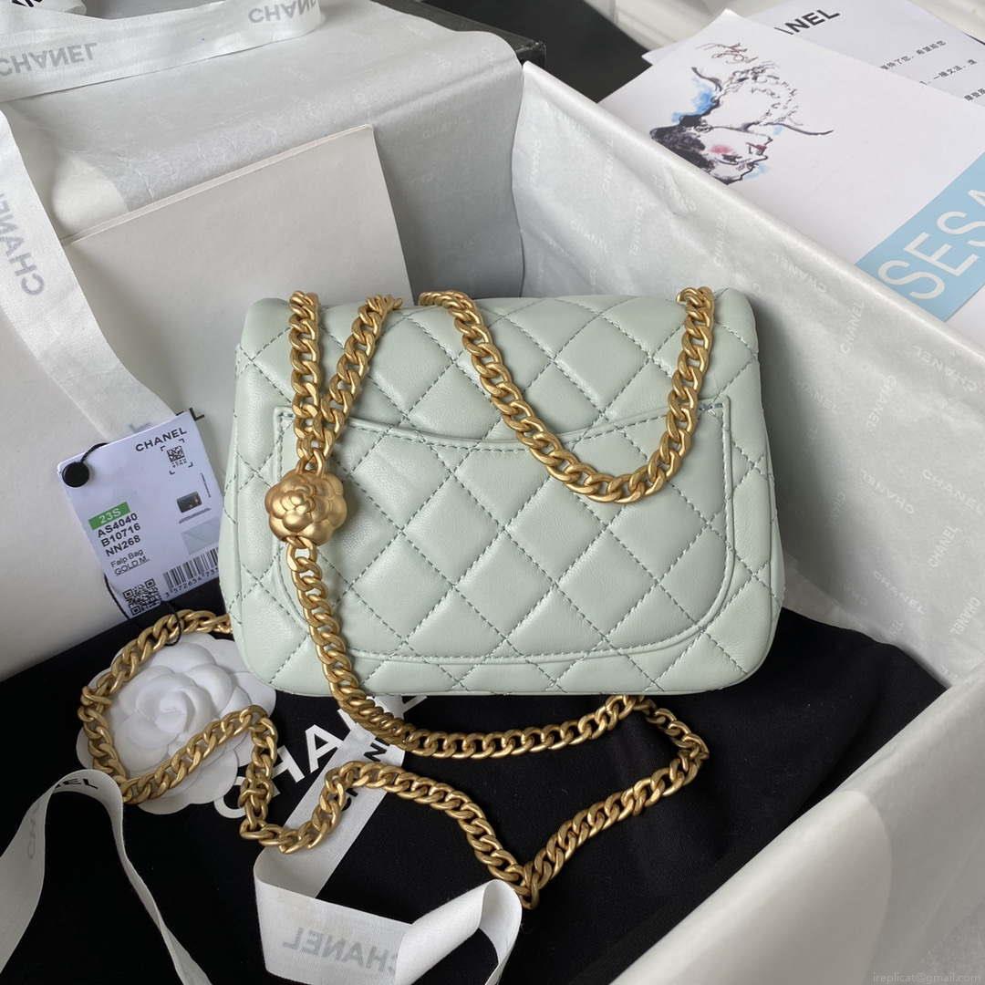 Chanel AS4040 Mini Flap Classic Bag 18 Woc Camellia Lambskin Green Gray