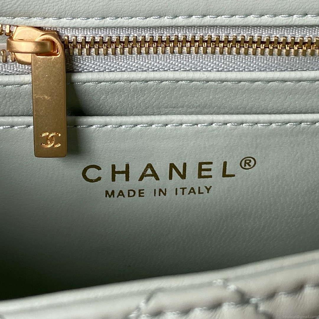 Chanel AS4040 Mini Flap Classic Bag 18 Woc Camellia Lambskin Green Gray