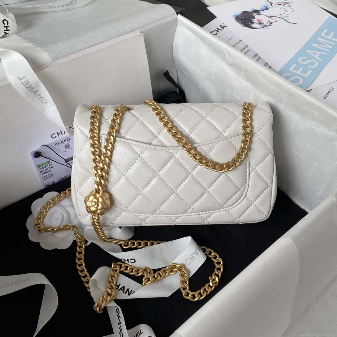 Chanel AS4041 Flap Classic Bag CF Camellia Lambskin White Gold