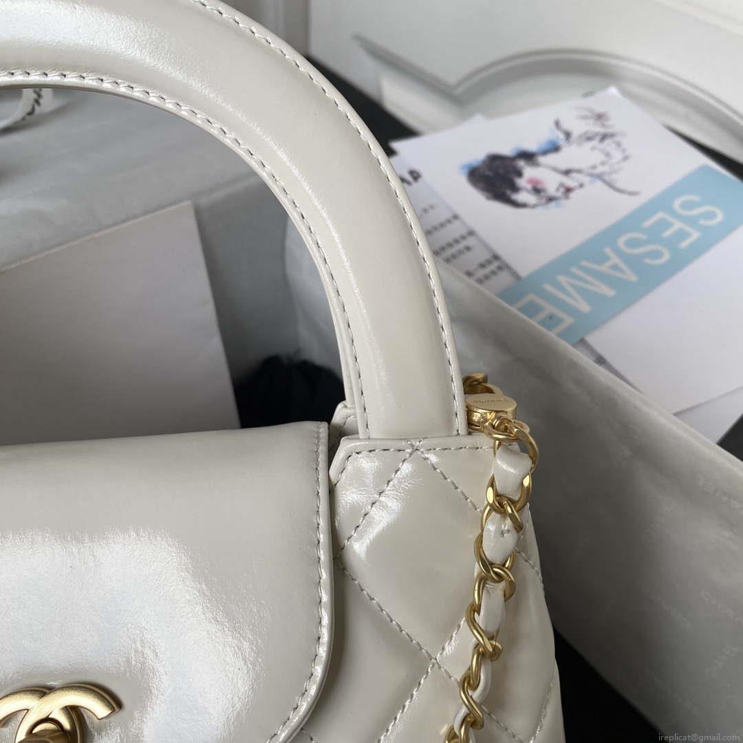 Chanel AS3970 Flap Bag with top handle Lambskin gold tone metal White
