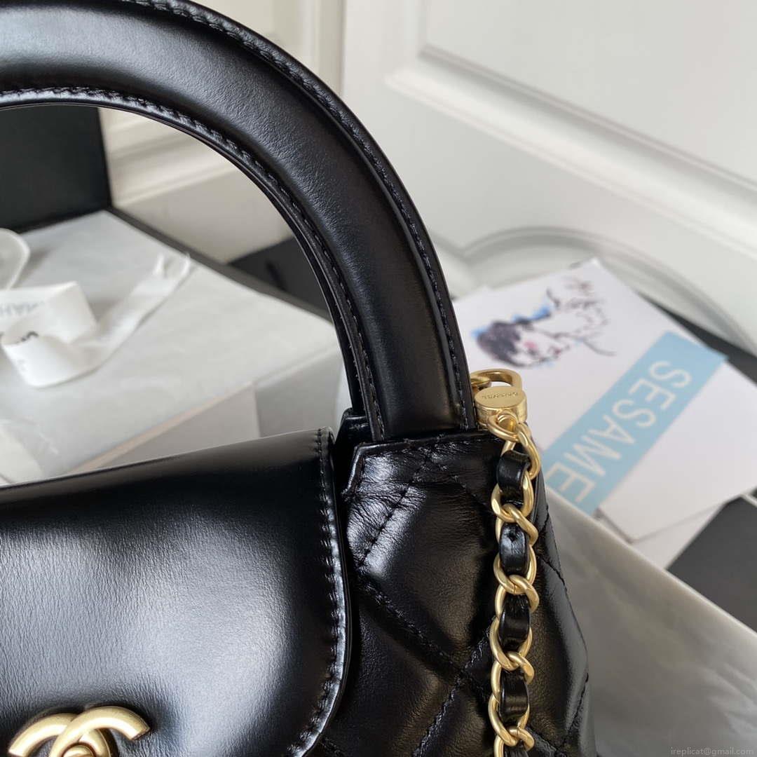 Chanel AS3970 Flap Bag with top handle Lambskin gold tone metal Black