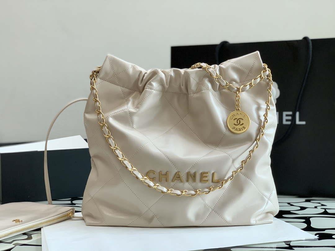 Chanel 22 AS3260 Small Handbag Shiny Calfskin Apricot