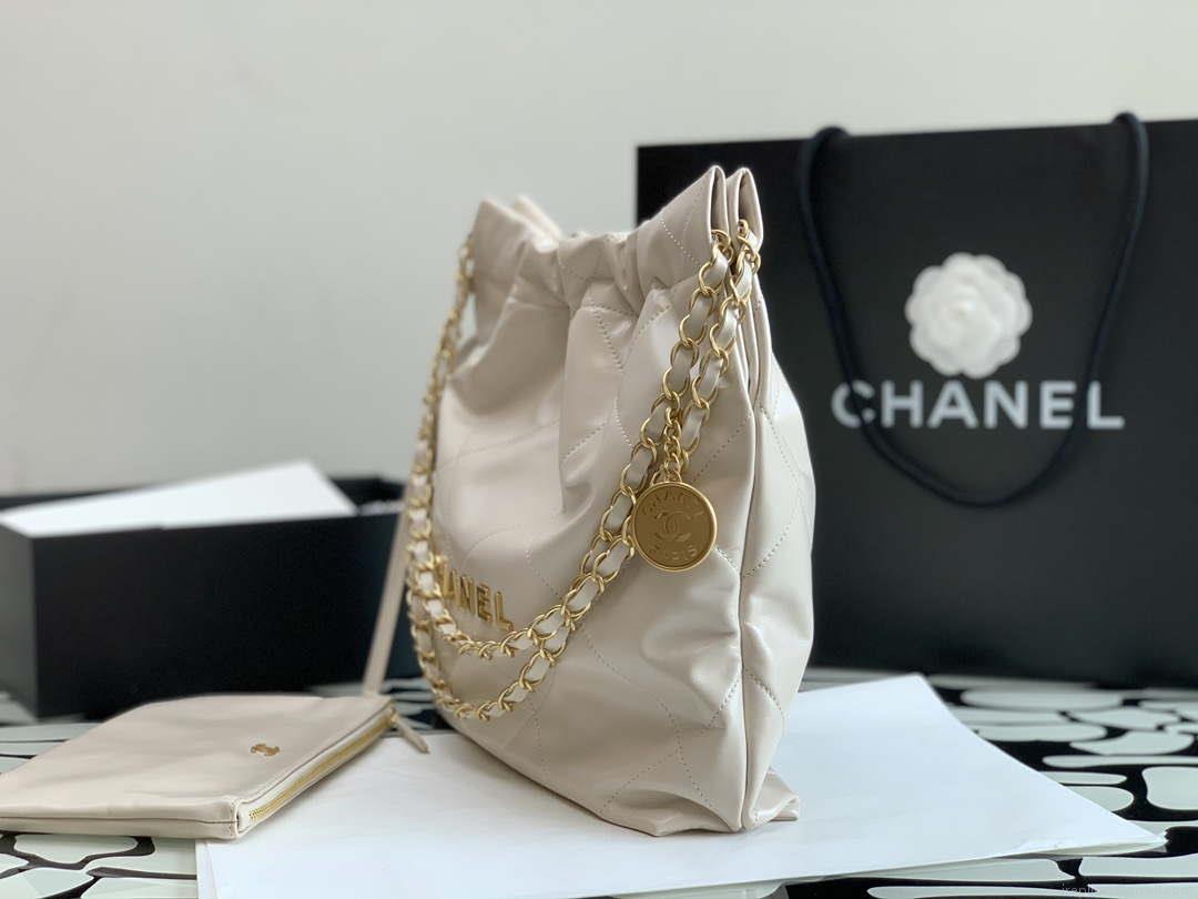 Chanel 22 AS3260 Small Handbag Shiny Calfskin Apricot