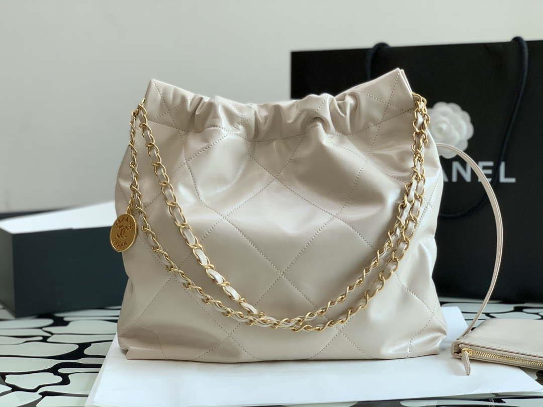 Chanel 22 AS3260 Small Handbag Shiny Calfskin Apricot