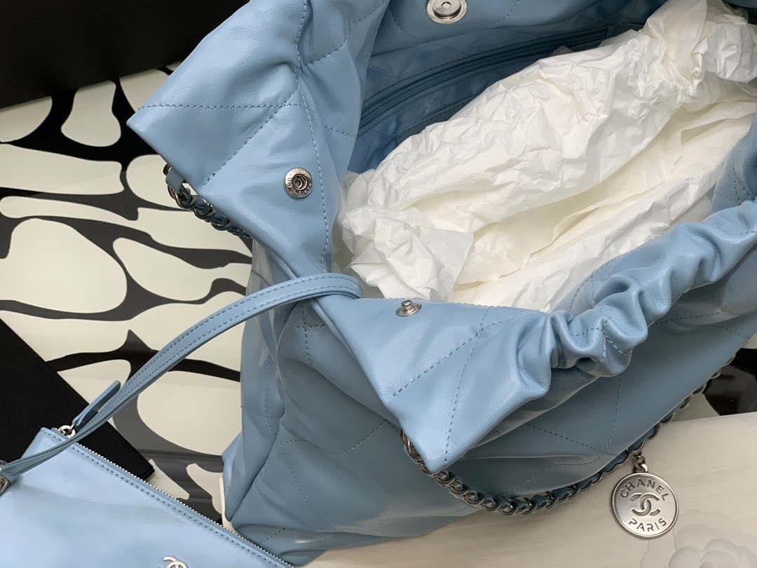 Chanel 22 Handbag Shiny Calfskin Gold AS3261 Light Blue Silver
