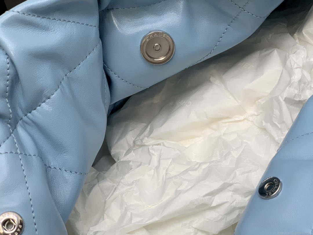 Chanel 22 Handbag Shiny Calfskin Gold AS3261 Light Blue Silver
