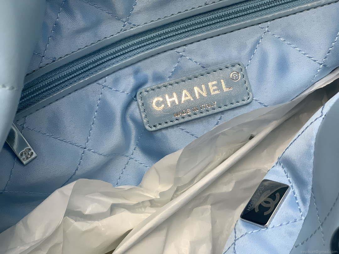 Chanel 22 Handbag Shiny Calfskin Gold AS3261 Light Blue Silver
