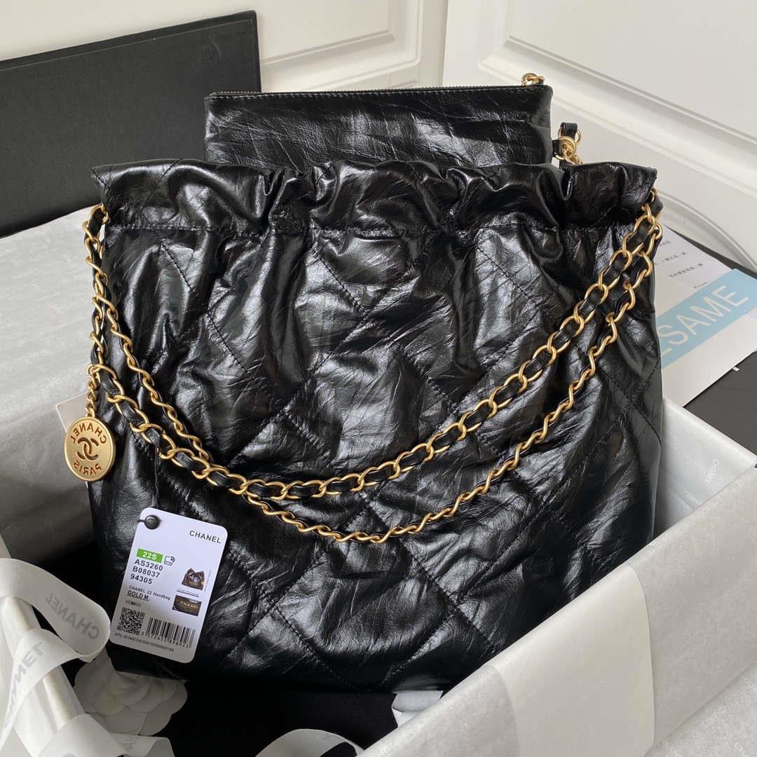 Chanel 22 Small Handbag AS3260 Memorial Calfskin leather Black Gold