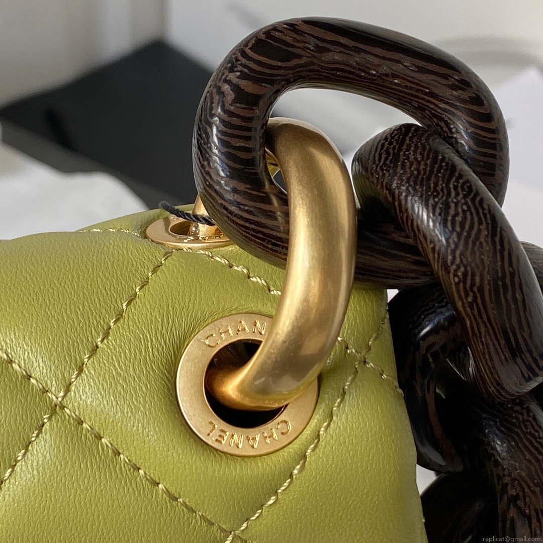 Chanel AS4165 Mini Flap Bag Lambskin Wenge Wood & Gold-Tone Metal Lemon Green