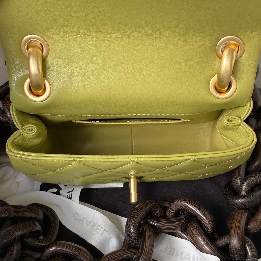Chanel AS4165 Mini Flap Bag Lambskin Wenge Wood & Gold-Tone Metal Lemon Green