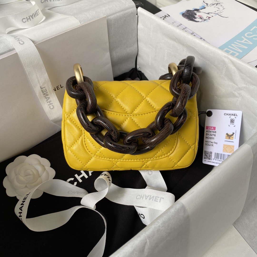 Chanel AS4165 Mini Flap Bag Lambskin Wenge Wood & Gold-Tone Metal Yellow