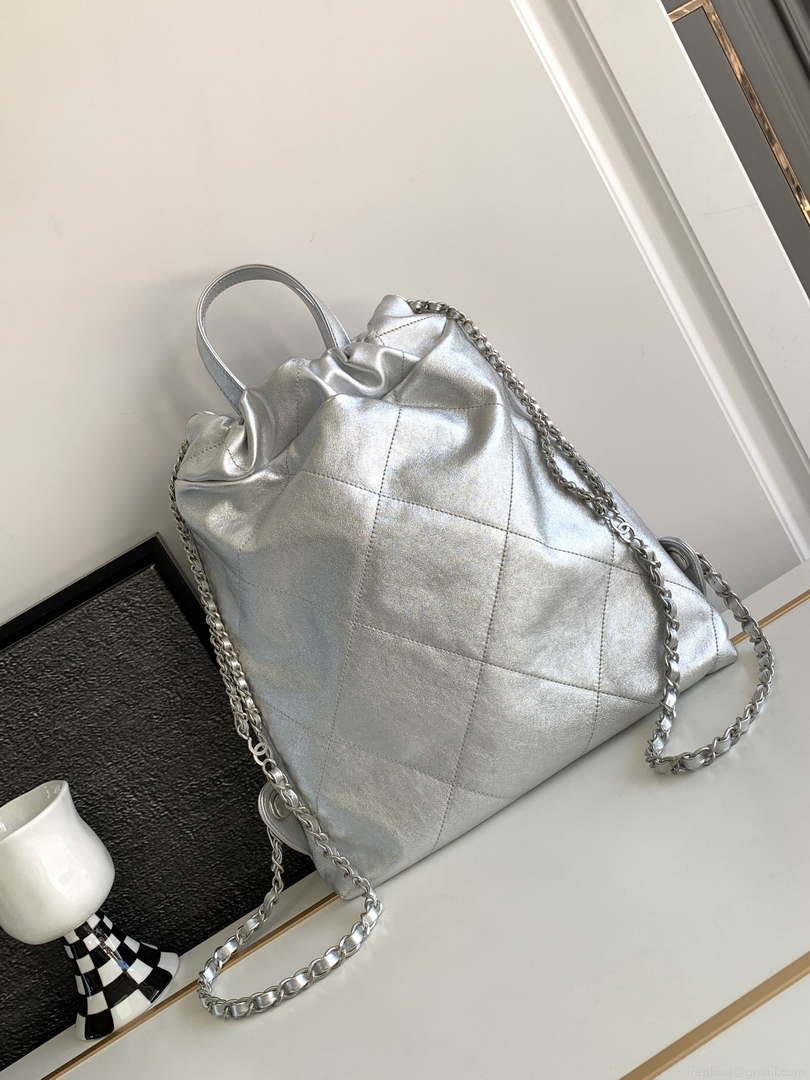 Chanel 22 Backpack AS3859 Shiny Silver Calfskin With Sliver Logo