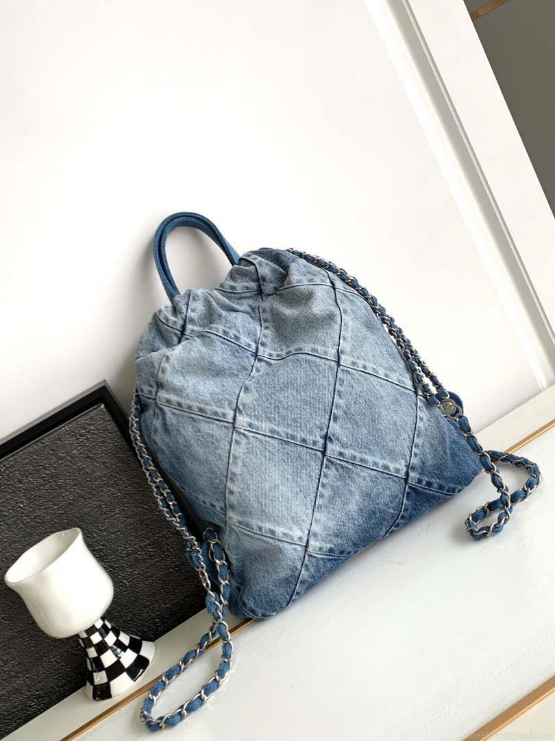 Chanel 22 Backpack AS3859 Denim Blue canvas With Sliver Logo