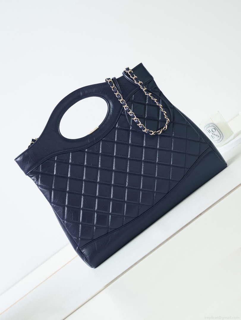 Chanel AS1010 31 Larage Shopping Bag Shiny Lambskin Navy Blue