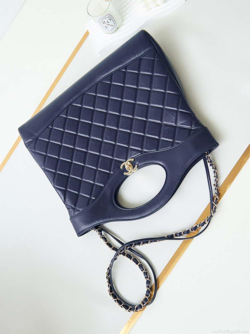 Chanel AS1010 31 Larage Shopping Bag Shiny Lambskin Navy Blue
