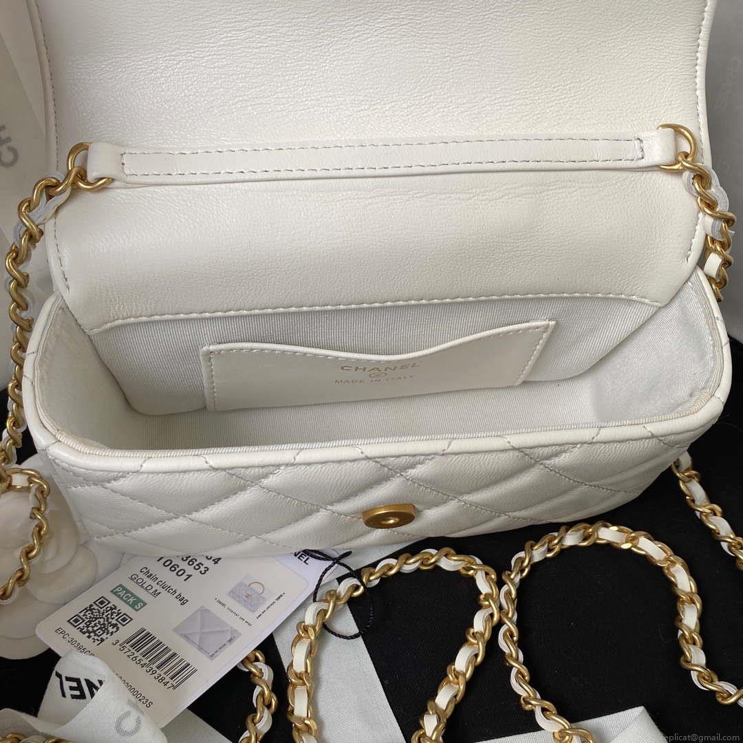 Chanel AP3484 CLUTCH WITH CHAIN Shiny Lambskin & Gold-Tone Metal White