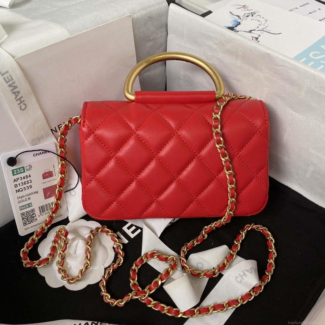 Chanel AP3484 CLUTCH WITH CHAIN Shiny Lambskin & Gold-Tone Metal Red