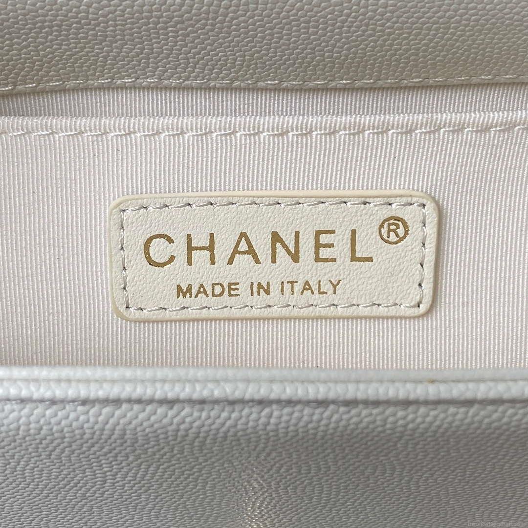 Chanel A94805 Boy Flap Bag With Handle Grained Shiny Calfskin Gold Tone Metal White