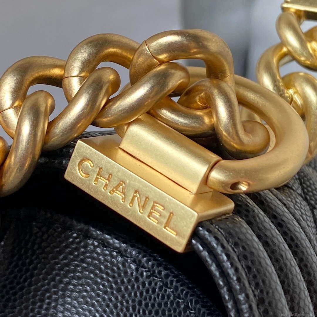 Chanel A94805 Boy Flap Bag With Handle Grained Shiny Calfskin Gold Tone Metal Black