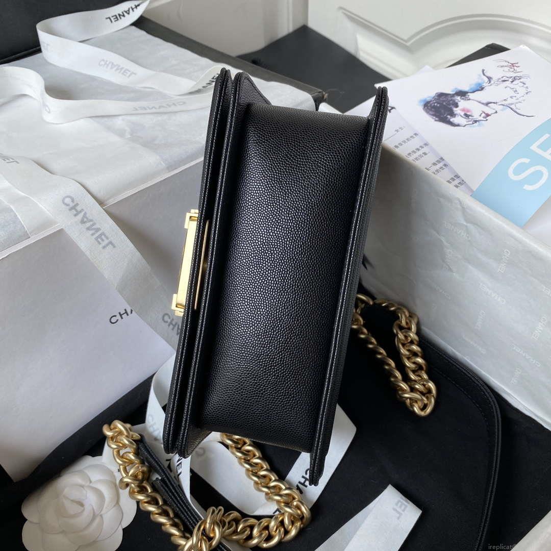 Chanel A94805 Boy Flap Bag With Handle Grained Shiny Calfskin Gold Tone Metal Black