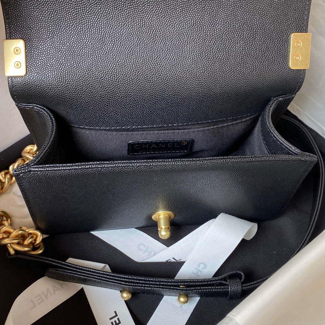 Chanel A94805 Boy Flap Bag With Handle Grained Shiny Calfskin Gold Tone Metal Black