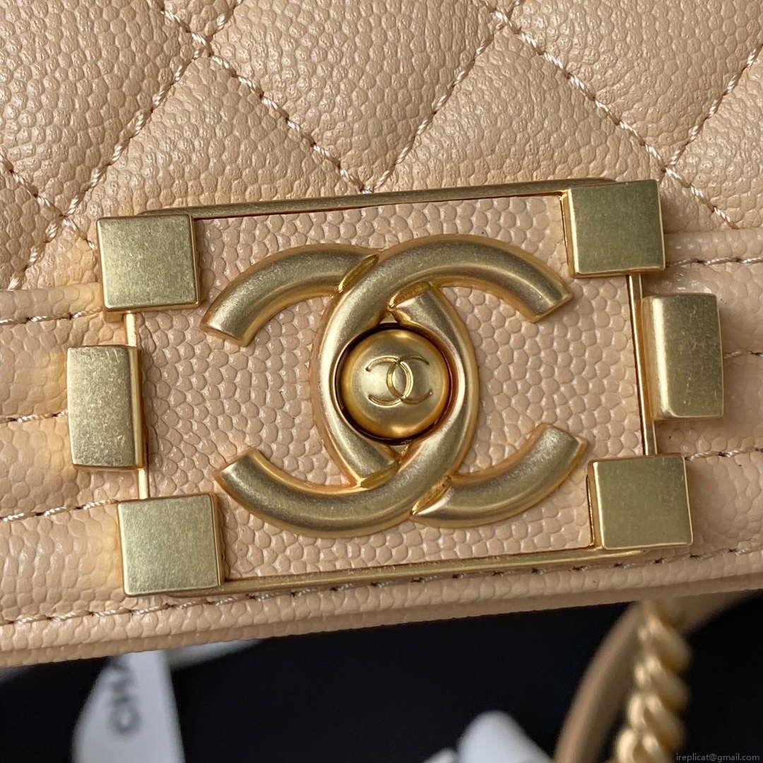 Chanel A94805 Boy Flap Bag With Handle Grained Shiny Calfskin Gold Tone Metal Beige