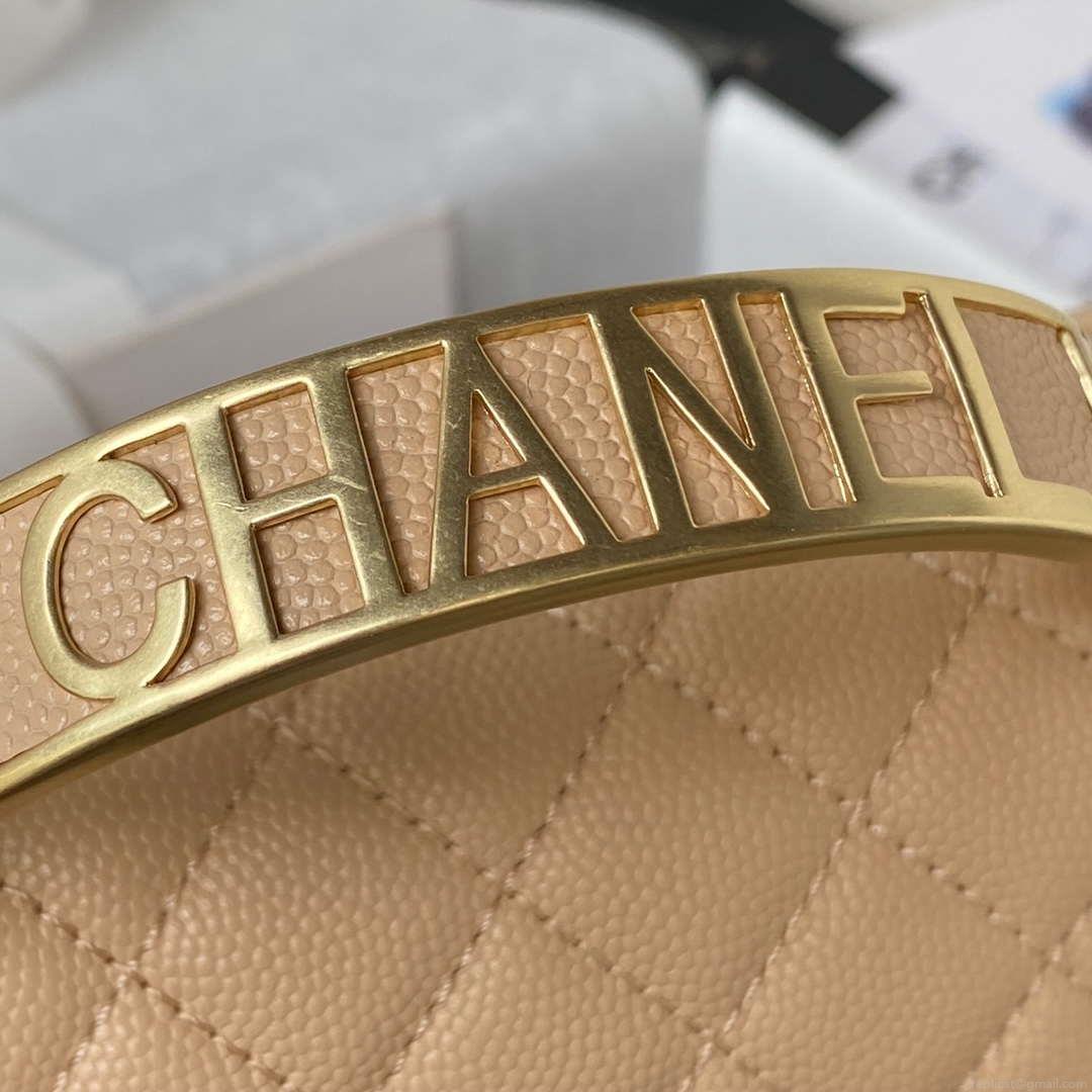 Chanel A94805 Boy Flap Bag With Handle Grained Shiny Calfskin Gold Tone Metal Beige