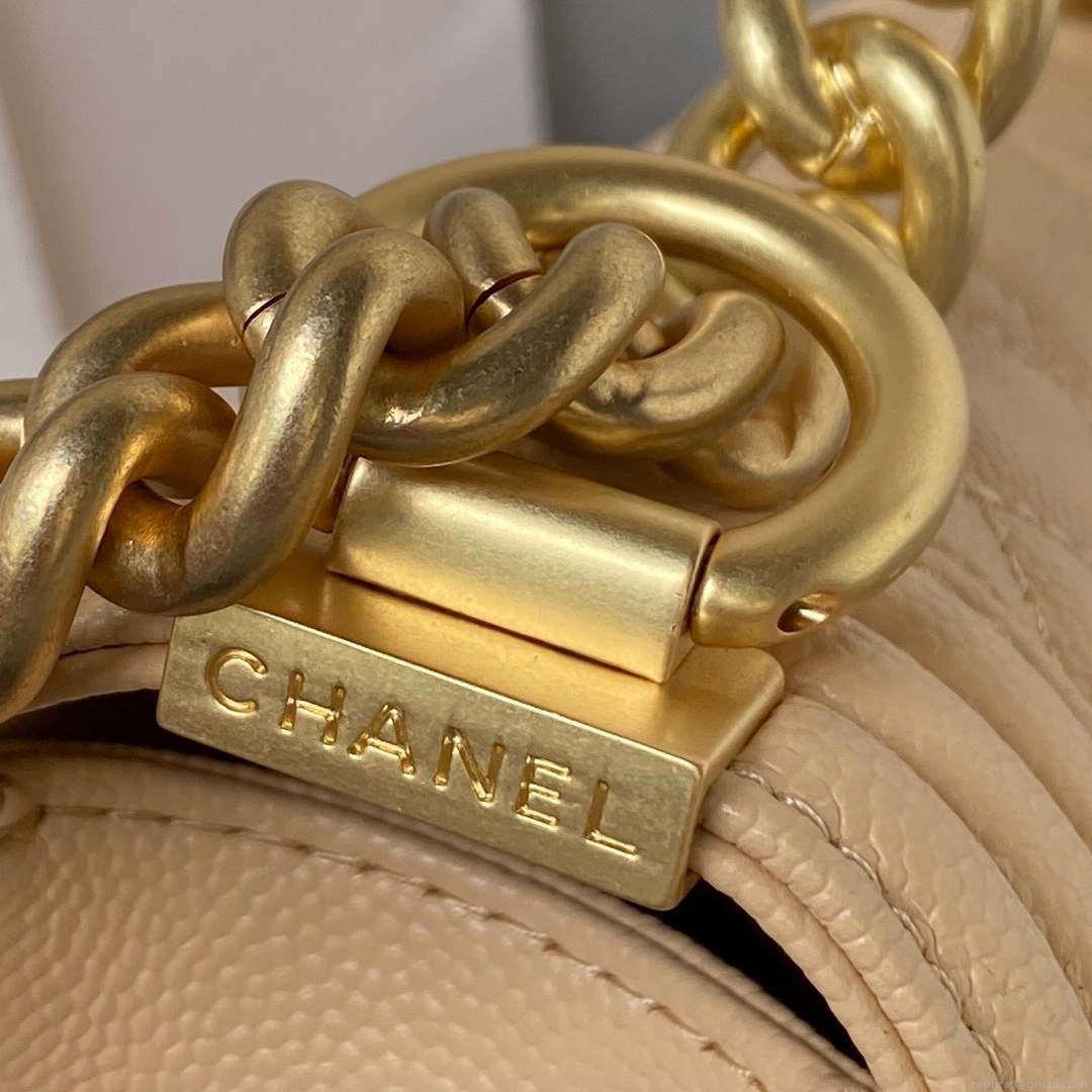 Chanel A94805 Boy Flap Bag With Handle Grained Shiny Calfskin Gold Tone Metal Beige