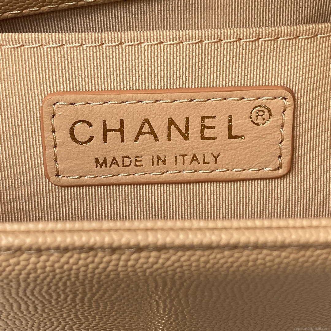 Chanel A94805 Boy Flap Bag With Handle Grained Shiny Calfskin Gold Tone Metal Beige