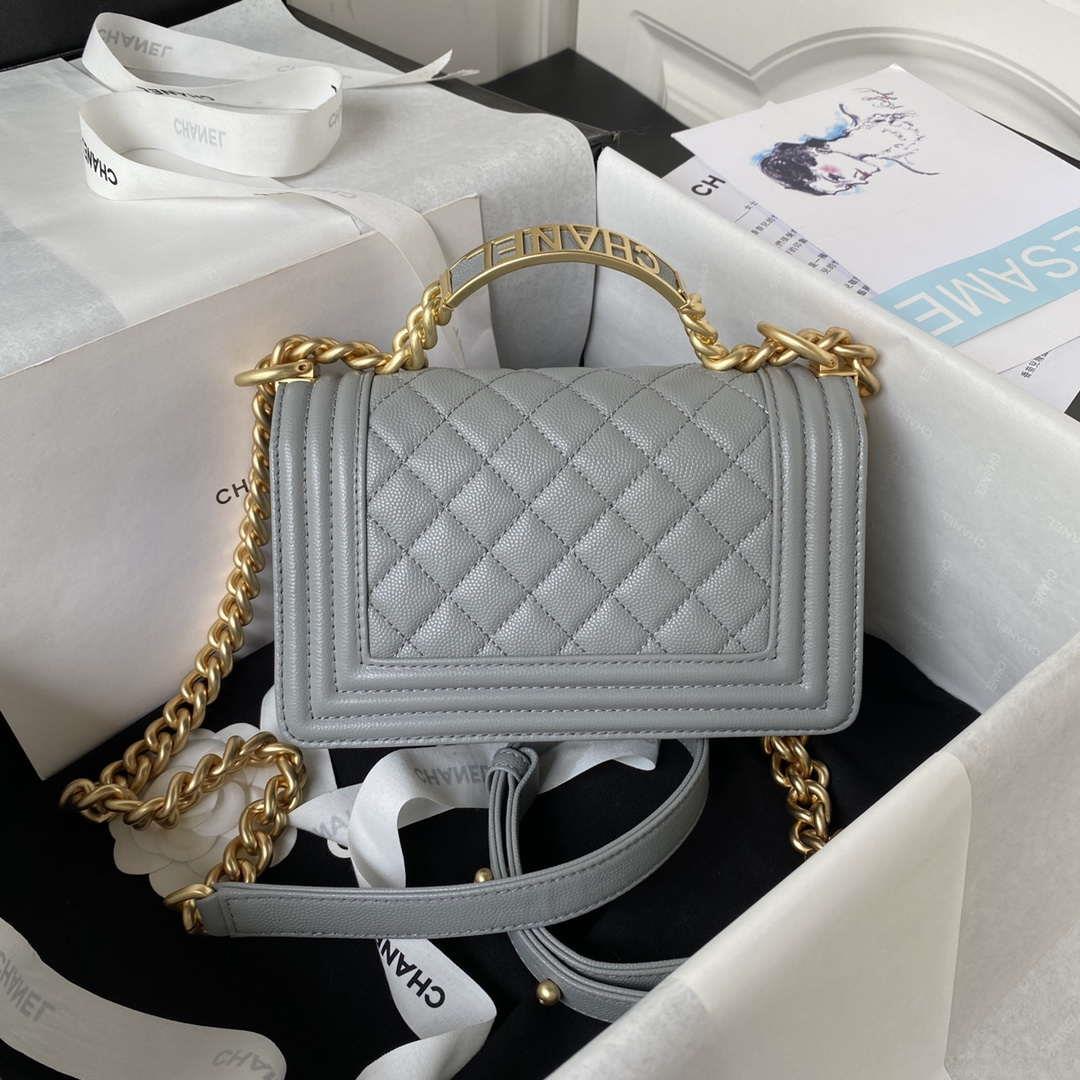 Chanel A94805 Boy Flap Bag With Handle Grained Shiny Calfskin Gold Tone Metal Gray