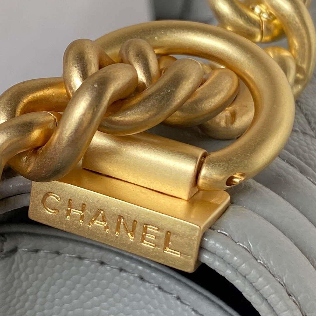 Chanel A94805 Boy Flap Bag With Handle Grained Shiny Calfskin Gold Tone Metal Gray