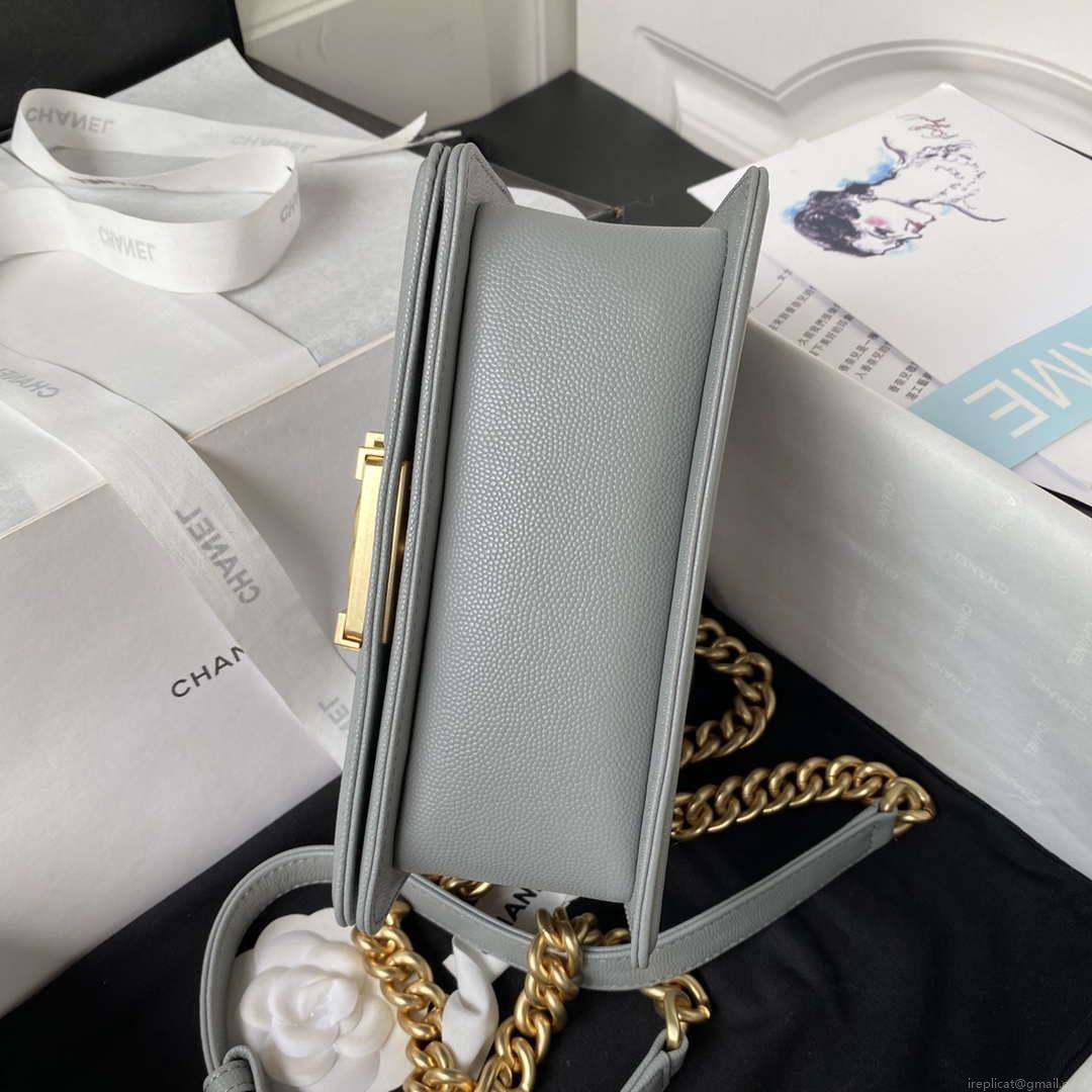 Chanel A94805 Boy Flap Bag With Handle Grained Shiny Calfskin Gold Tone Metal Gray