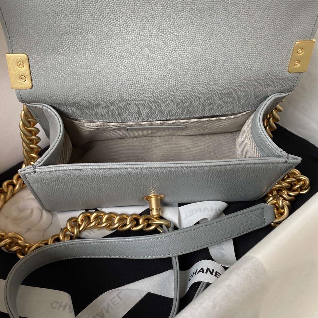 Chanel A94805 Boy Flap Bag With Handle Grained Shiny Calfskin Gold Tone Metal Gray
